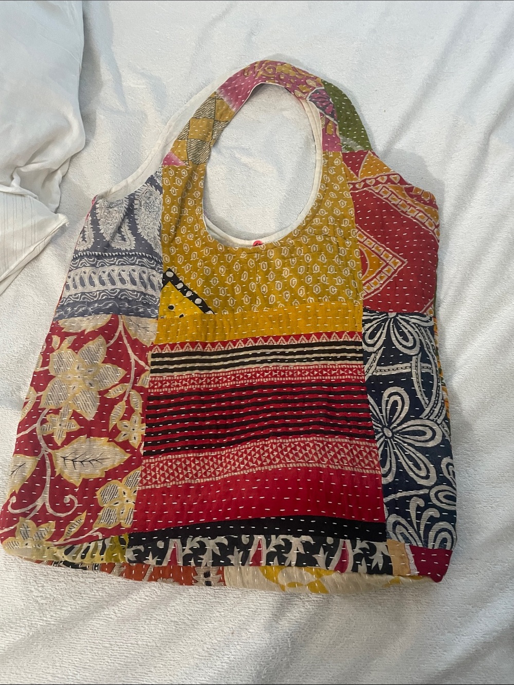 Bohemian Kantha Patchwork Tote Bag in Red, Yellow & Blue NWOT med large size